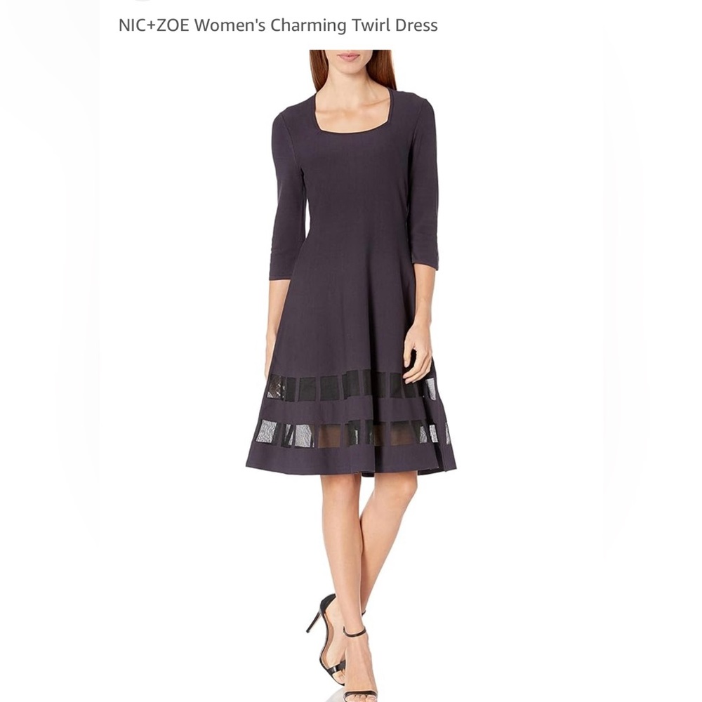 NWT Nic + Zoe Dress. Dark purple with black mesh panels; 3/4 Sleeve